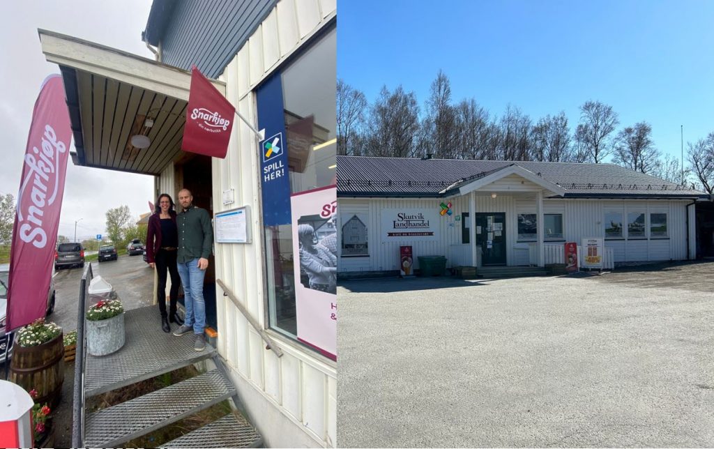 Trym og Gunta fra Snarkjøp-gruppen står ved inngangen til butikken